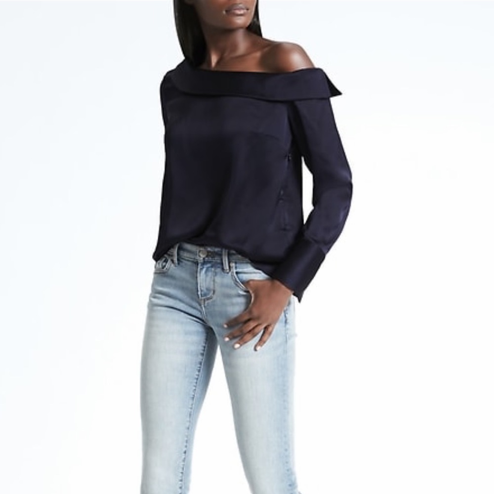 Banana Republic navy one shoulder long sleeve top